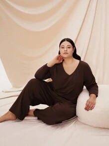 LUVLETTE Women Plus Soft Cotton Pajamas Sets Lounge Set - Chocolate Brown - View 1