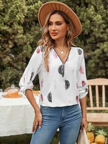SHEIN LUNE Feather Print Roll Tab Sleeve Half Zip Blouse - Multicolor - View 4