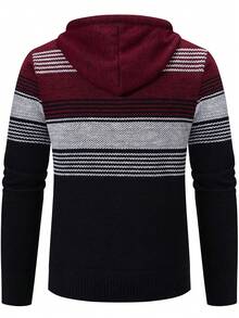 Manfinity Homme Nam Mẫu sọc Dây rút áo có mũ Lót Teddy Áo len Mở - Màu Đỏ Sâu - Xem 2