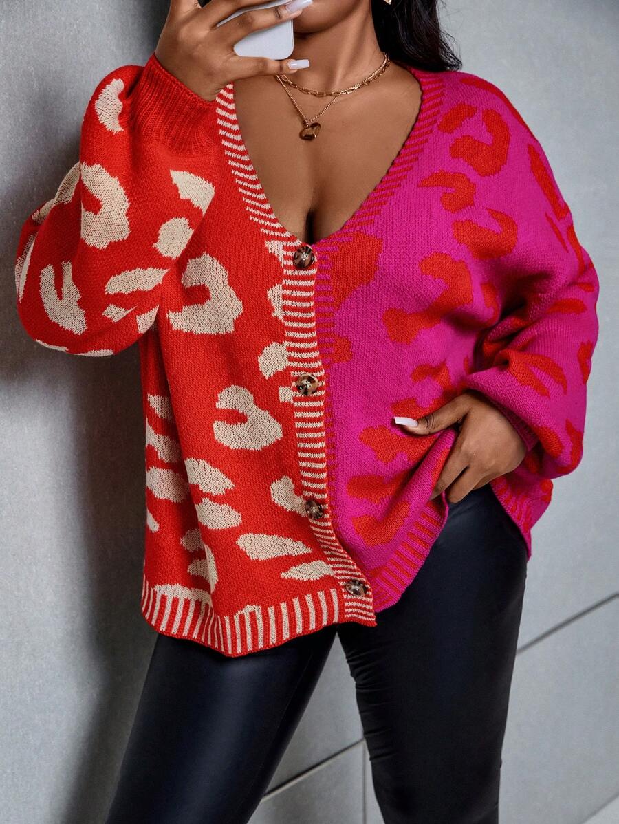 SHEIN LUNE Talla grande Cárdigan con patrón de leopardo de hombros caídos - Multicolor - Ver 1