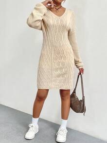 SHEIN LUNE Vestido de punto tejido de cable de hombros caídos - Albaricoque - Ver 5