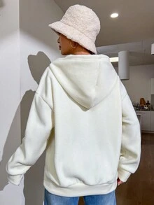 SHEIN Unity Thêu Chữ Túi kangaroo Thả vai Dây rút Hoodie - Màu be - Xem 2