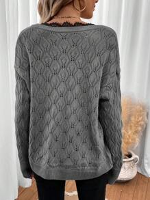 SHEIN LUNE Eyelash Lace Trim Drop Shoulder Pointelle Knit Sweater - Grey - View 2