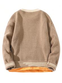 Men Striped Trim Drop Shoulder Thermal Lined Sweater - Khaki - View 2