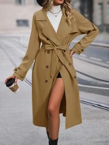 SHEIN Privé Đôi ngực Thắt lưng Áo khoác Trench - Màu Khaki - Xem 3