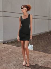 SHEIN EZwear Vestido Ajustado Sólido De Punto Acanalado - Negro - Ver 8