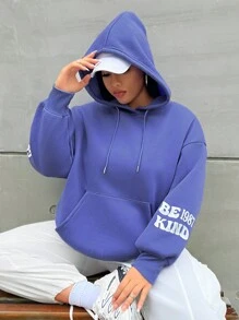 Flirla Plus Floral & Slogan Graphic Drop Shoulder Drawstring Hoodie - Purple - View 2