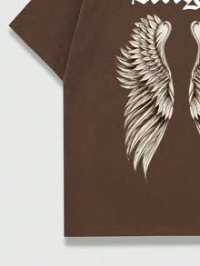 ROMWE MEN Goth 男士翅膀和字母圖案T恤 - 咖啡棕 - 查看 7