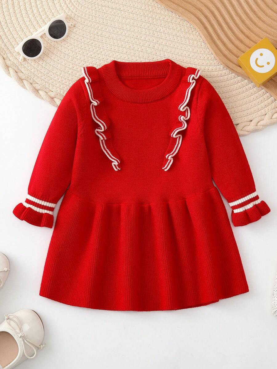 Baby Girl Stripe Pattern Ruffle Trim Flounce Sleeve Sweater Dress - Red - View 1