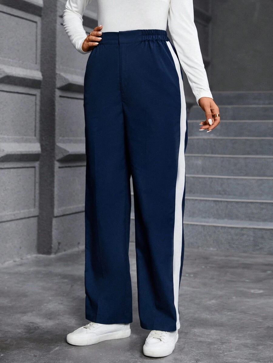 SHEIN LUNE 拼接側邊接縫斜口袋長褲 - 藍色 - 查看 1