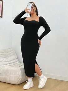 SHEIN EZwear Plus甜心領分割式收身連身裙 - 黑色 - 查看 1