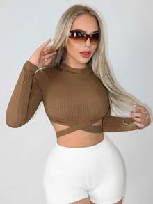 SHEIN SXY Viền chéo Cổ giả Áo phông Crop - Cà phê nâu - Xem 6