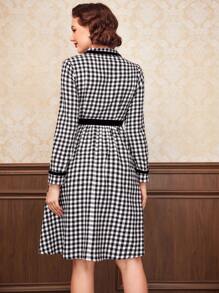Vintamour Gingham Print Lapel Neck Dress - Black and White - View 2