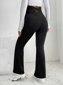 SHEIN PETITE Crisscross Back Flare Leg Black Pants - Black - View 1