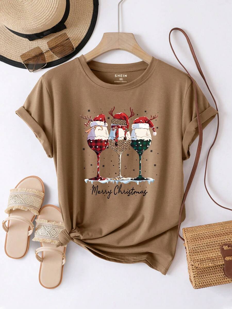 SHEIN EZwear Plus Wine Glass And Letter Graphic Tee - Mocha Brown - View 1