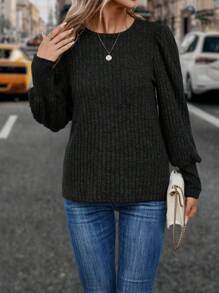 SHEIN LUNE Camiseta unicolor de manga obispo tejido de canalé - Negro - Ver 4