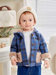 Baby Boy Plaid Print Teddy Panel Hooded Thermal Lined Overcoat - Multicolor - View 2