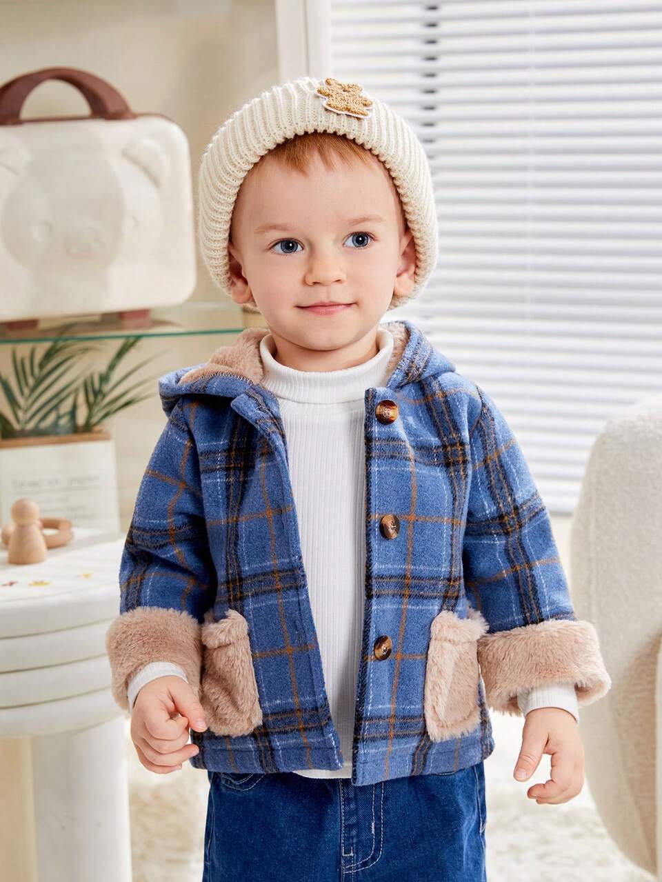 Baby Boy Plaid Print Teddy Panel Hooded Thermal Lined Overcoat