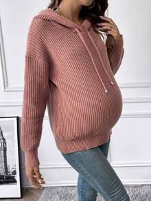 SHEIN Thai sản Thả vai Dây rút áo có mũ Áo len - Gỗ đỏ - Xem 6