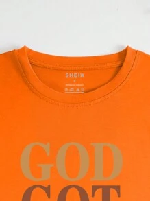 SHEIN 标语图案 T 恤上帝赐予我平安我的快乐图案 T 恤女式上衣 - 橘色 - 查看 3