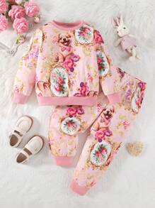 SHEIN Young Girl Floral Print Sweatshirt & Sweatpants - Pink - View 1