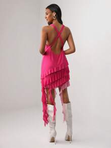 VERO DIAZ 素色不對稱下擺掛脖洋裝 - 玫紅色 - 查看 2