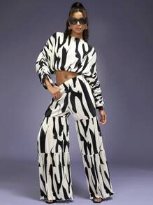 SHEIN Unity Bản in trừu tượng Nhiều lớp Quần ống rộng - Đen và trắng - Xem 6