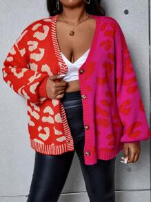 SHEIN LUNE Talla grande Cárdigan con patrón de leopardo de hombros caídos - Multicolor - Ver 5