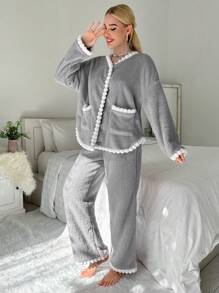Contrast Trim Flannel Lounge Set, Fall Winter Clothes, Cozy Outfit, Fluffy Pajama - Grey - View 4