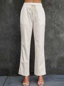 Drawstring Waist Straight Leg Pants - White - View 3