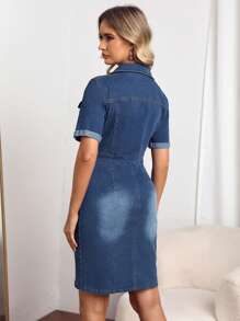 SHEIN Privé Flap Detail Button Through Denim Dress - Dark Wash - View 2