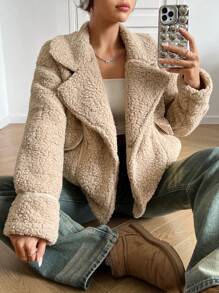 SHEIN EZwear Lapel Neck Drop Shoulder Flap Pocket Teddy Jacket - Khaki - View 3