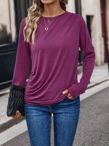 EMERY ROSE 素色褶邊T恤 - 紫色 - 查看 1