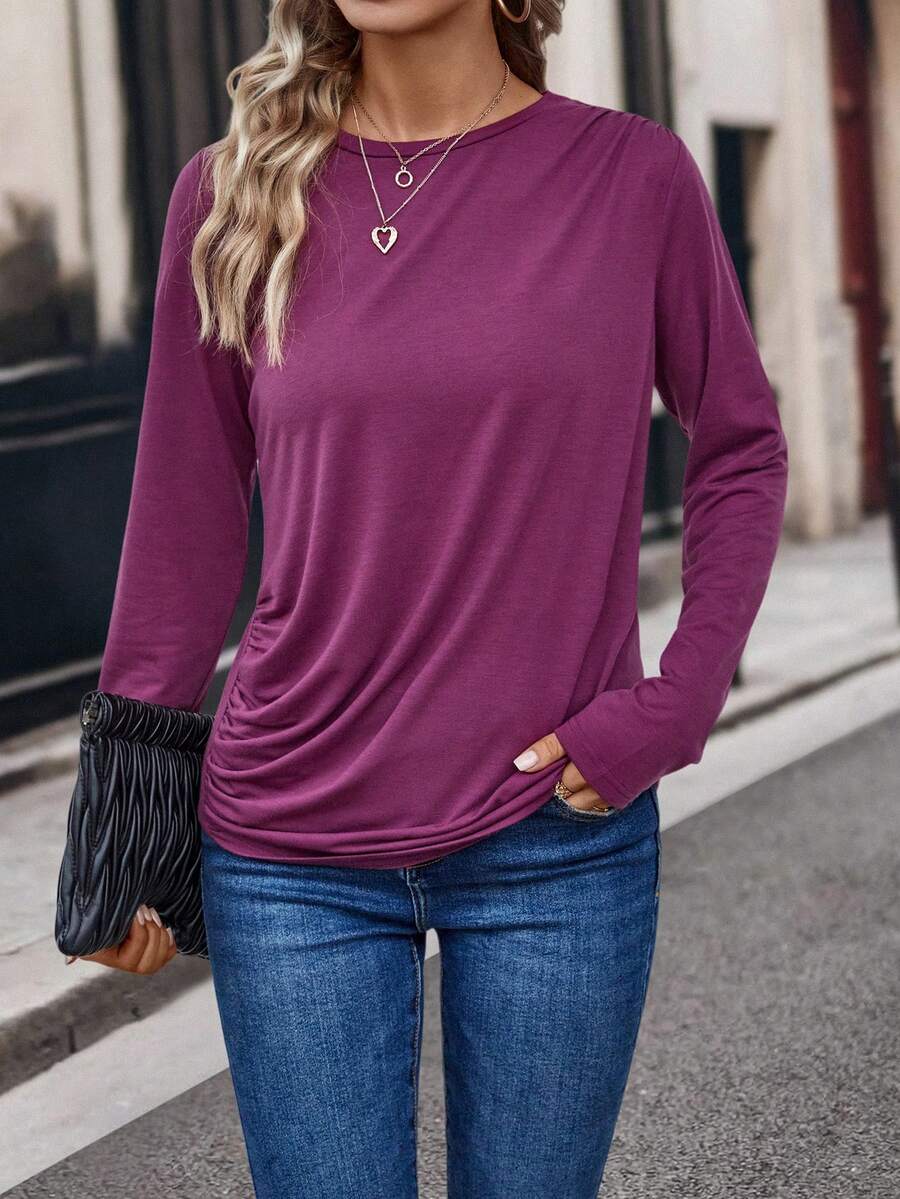 EMERY ROSE 素色褶邊T恤 - 紫色 - 查看 1