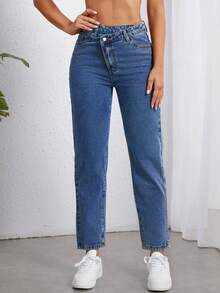 SHEIN Frenchy Stepped Waist Mom Fit Jeans - Medium Wash - View 4
