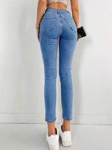 EURMUSE Solid Slant Pocket Skinny Jeans - Blue - View 2