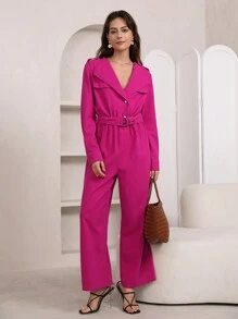 SHEIN Privé Lapel Collar Belted Flare Leg Shirt Jumpsuit - Red - View 1