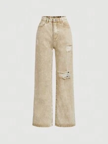 Jeans de pierna recta rasgados para uso casual cotidiano en verano para adolescente - Caqui - Ver 1