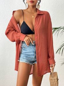 SHEIN Swim Summer Beach Solid Button Front Drop Shoulder Kimono - Rust Brown - View 1
