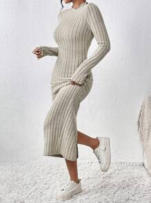 SHEIN Frenchy 模仿領口肋紋針織連體裙 - 杏色 - 查看 1