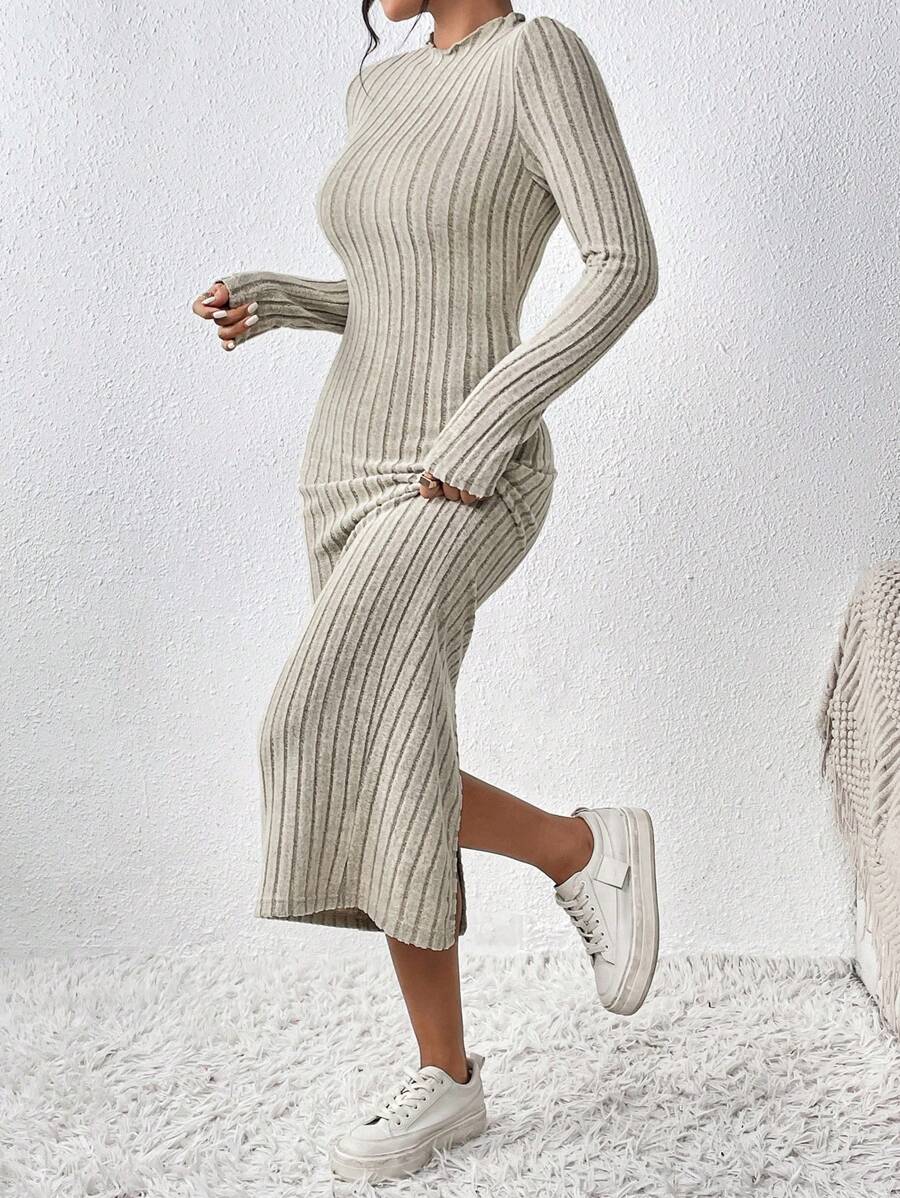 SHEIN Frenchy 模仿領口肋紋針織連體裙 - 杏色 - 查看 1