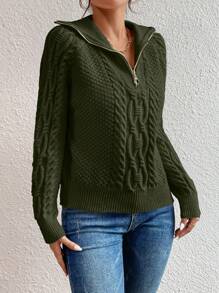 SHEIN LUNE Cable Knit Half Zip Raglan Sleeve Sweater,Long Sleeve Tops Knit Pullover Fall Winter Outfit - Army Green - View 4