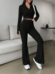 SHEIN EZwear Solid Crop Tee & Flare Leg Pants Two Pieces Set - Black - View 5