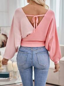 SHEIN Clasi Hai âm Chi tiết bọc Tay áo dơi Buộc lại Áo len Crop - Hồng - Xem 2