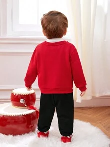 SHEIN Sudadera Con Capucha Y Pantalón De Chándal Para Bebé Con Letras Y Gráficos, Con Bolsillo Y Parches De Osito De Peluche