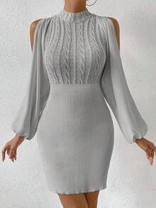 SHEIN Frenchy Cổ giả Vai lạnh Xoắn Dan Đầm Áo len - Xám - Xem 3