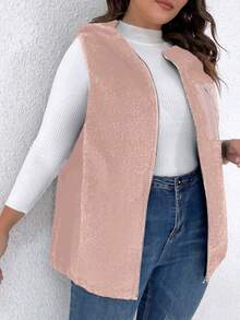 SHEIN LUNE Plus Zip Up Hooded Teddy Vest Coat - Pink - View 4