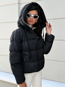 EURMUSE Women'S Zip-Up Hooded Padded Jacket - Black - View 3