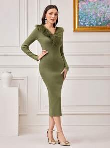 Modelyn Fuzzy Trim Bodycon Sweater Dress Fall Cloth For Women - Army Green - View 1