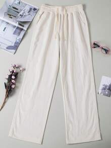 Drawstring Waist Straight Leg Pants - White - View 6